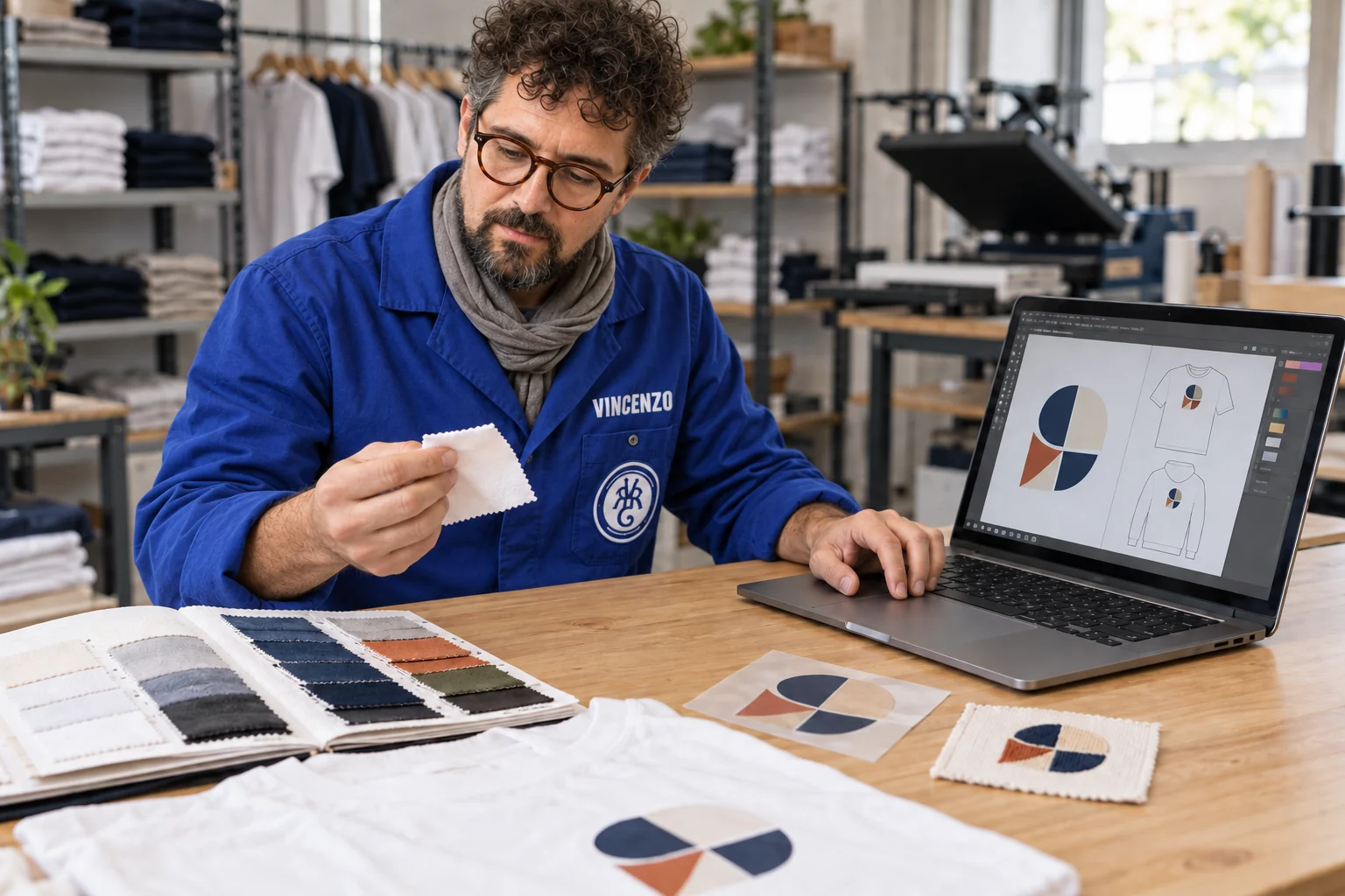Vincenzo analizza un campione tessile nel laboratorio VRG